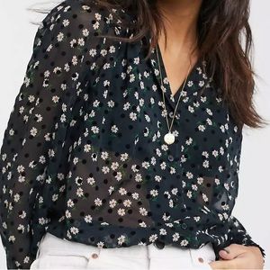 Topshop daisy print button down blouse, black